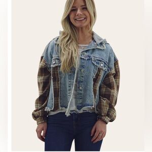 Denim and Plaid Cropped Jacket with Optional Hood